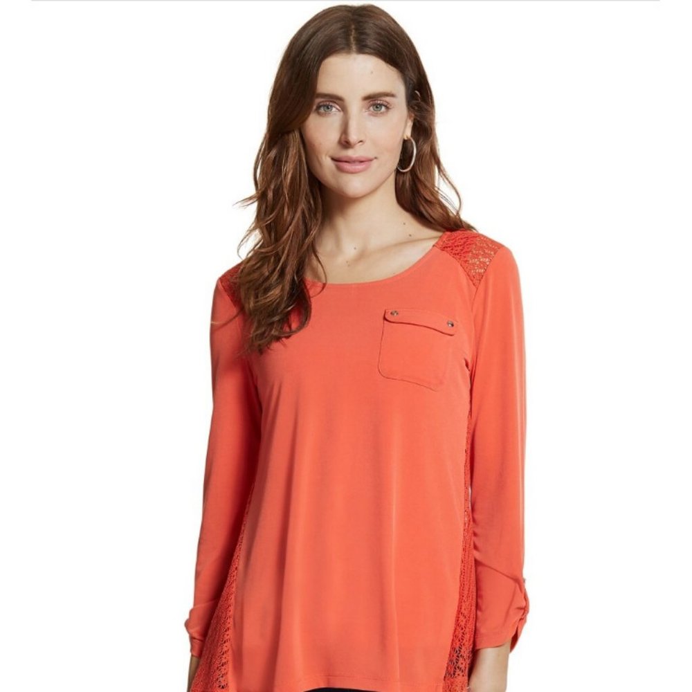Chico's size 1 Women's M Pumpkin Orange Top Crochet Lace Sheer Back Pocket